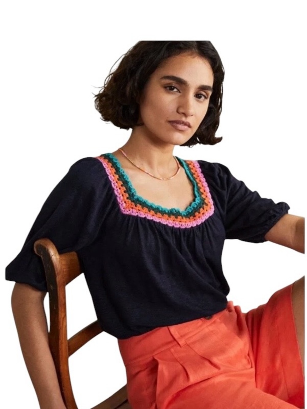 Boden Crochet Trim Puff Sleeve Top Size 10 Navy Blue Linen Peasant Loose Fit